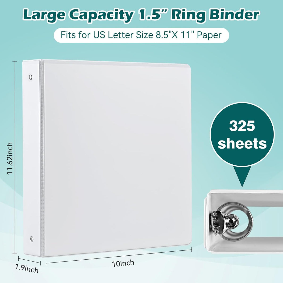 3 Ring Binder 1.5 Inch 6 Pack, 1-1/2" Clear View with Round Rings, PVC-Free,Holds for 325 Sheets 8.5X 11 US Letter Size Paper, Durable White Binders Perfect for Office,School and Home