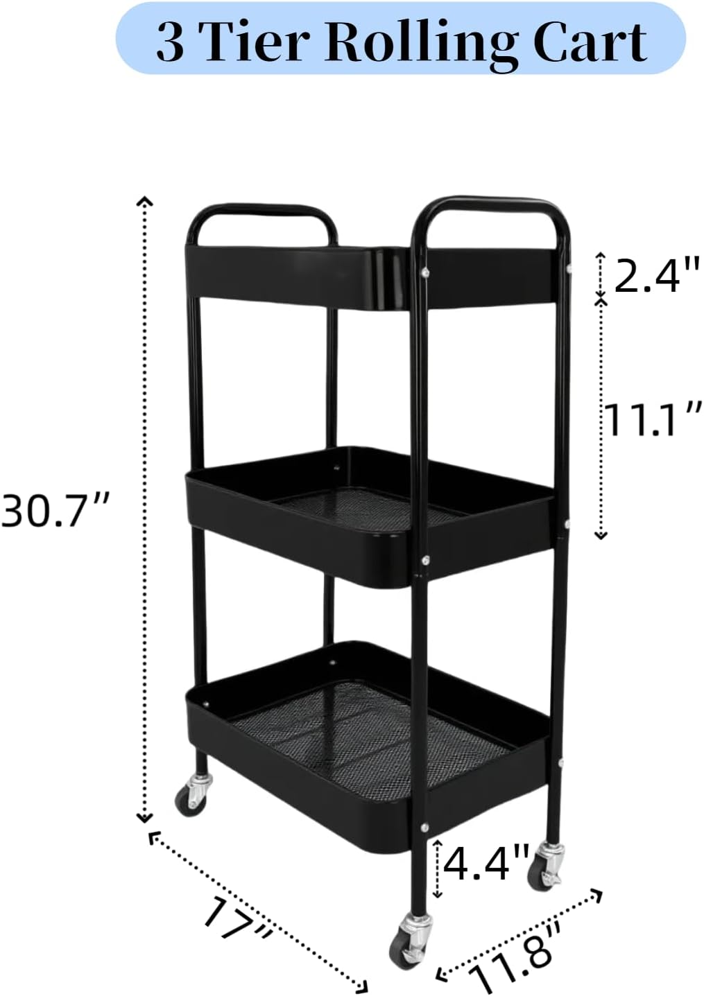 3 Tier Rolling Storage Cart for Kitchen Storage & Laundry Room Organization, Large Capacity Metal Utility Cart on Wheels and 4 Hooks for Art Lash Craft Bedside, Sturdy Nursery Organizer, Black