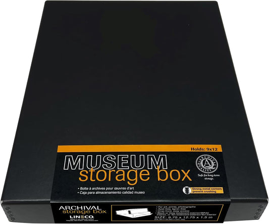 Lineco Museum Archival Storage Box, 9.75x12.75x1.5 in. Drop Front Design. Acid-Free with Metal Edge. Organize Photos, Pictures, Prints, Documents, Crafts, DIY. Black, 1 Pack