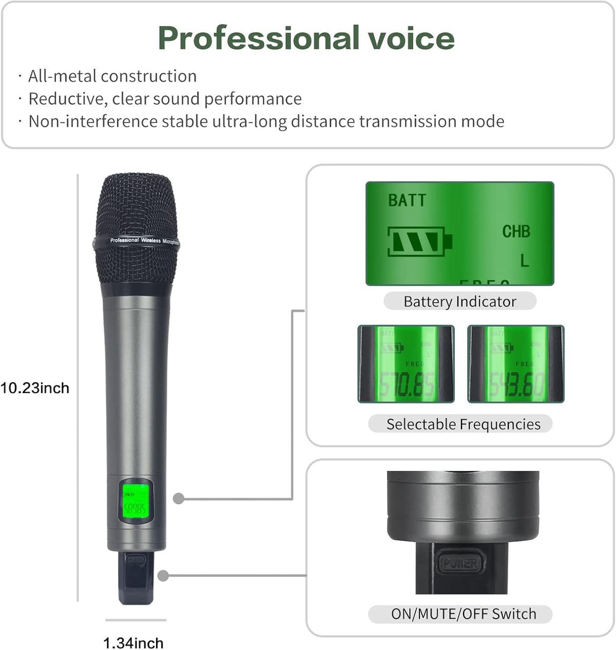 Profession Wireless Microphone System, UHF Handheld Dual Cordless Mic True Diversity Metal Microphones Set, 700ft Range, 2x100 Channels, Auto Scan, Mics for Stage/Studio/Singing/Church