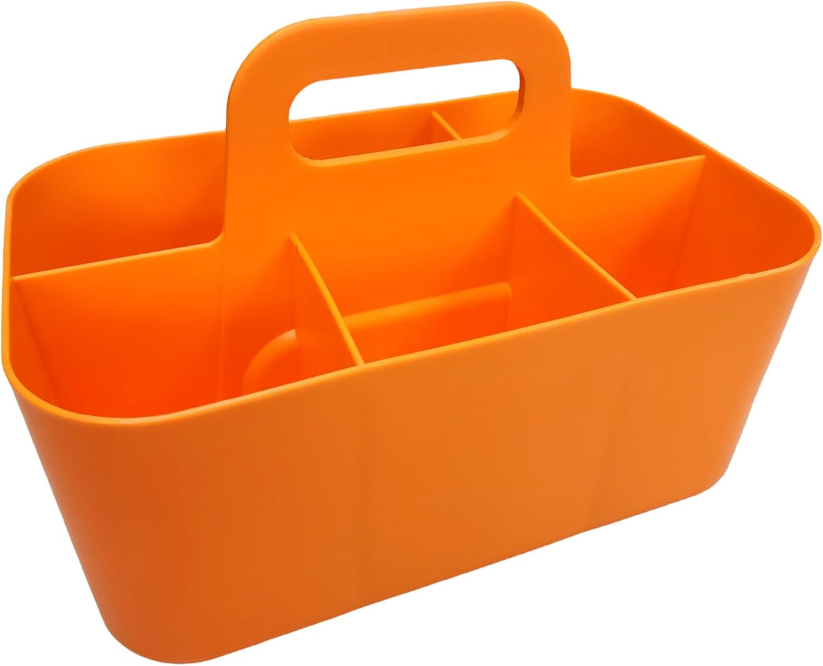 2 Pack Small 6 Compartment Multiuse Caddy Organizer with Handle Art Craft Supplies, Office, Desk, Stationery Pen Holder Stackable- Made In USA (Orange)