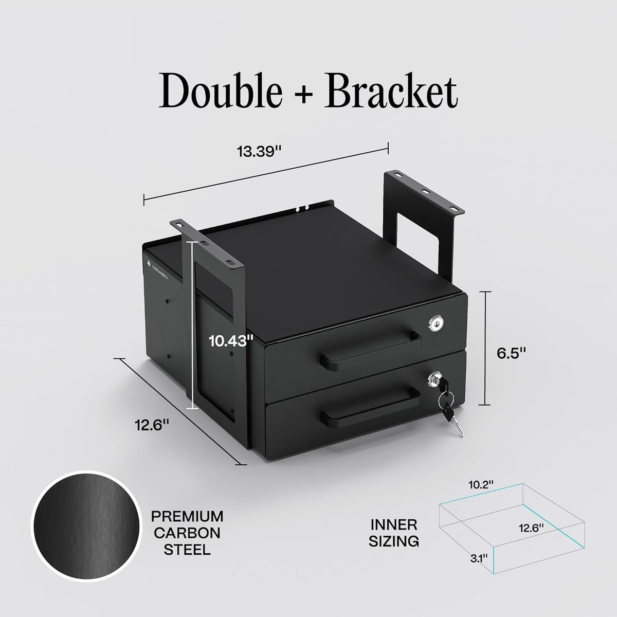 Under Desk Drawer Slide-Out – Lockable Metal Storage Drawers with Cable Management for Office & Home (Double, Bracketed)