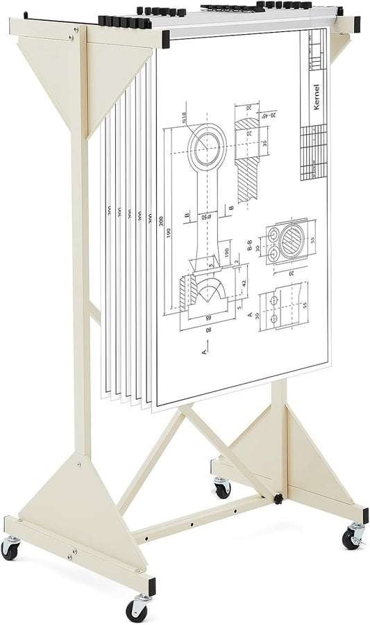 Estune Mobile Blueprint Holder Rack Adjustable Mobile Blueprint Holder with 4 Wheels Fits 23 Clamps 24" - 42" Hanging Clamps Poster Display Storage Organizer Stand for File Display Plan Office Home