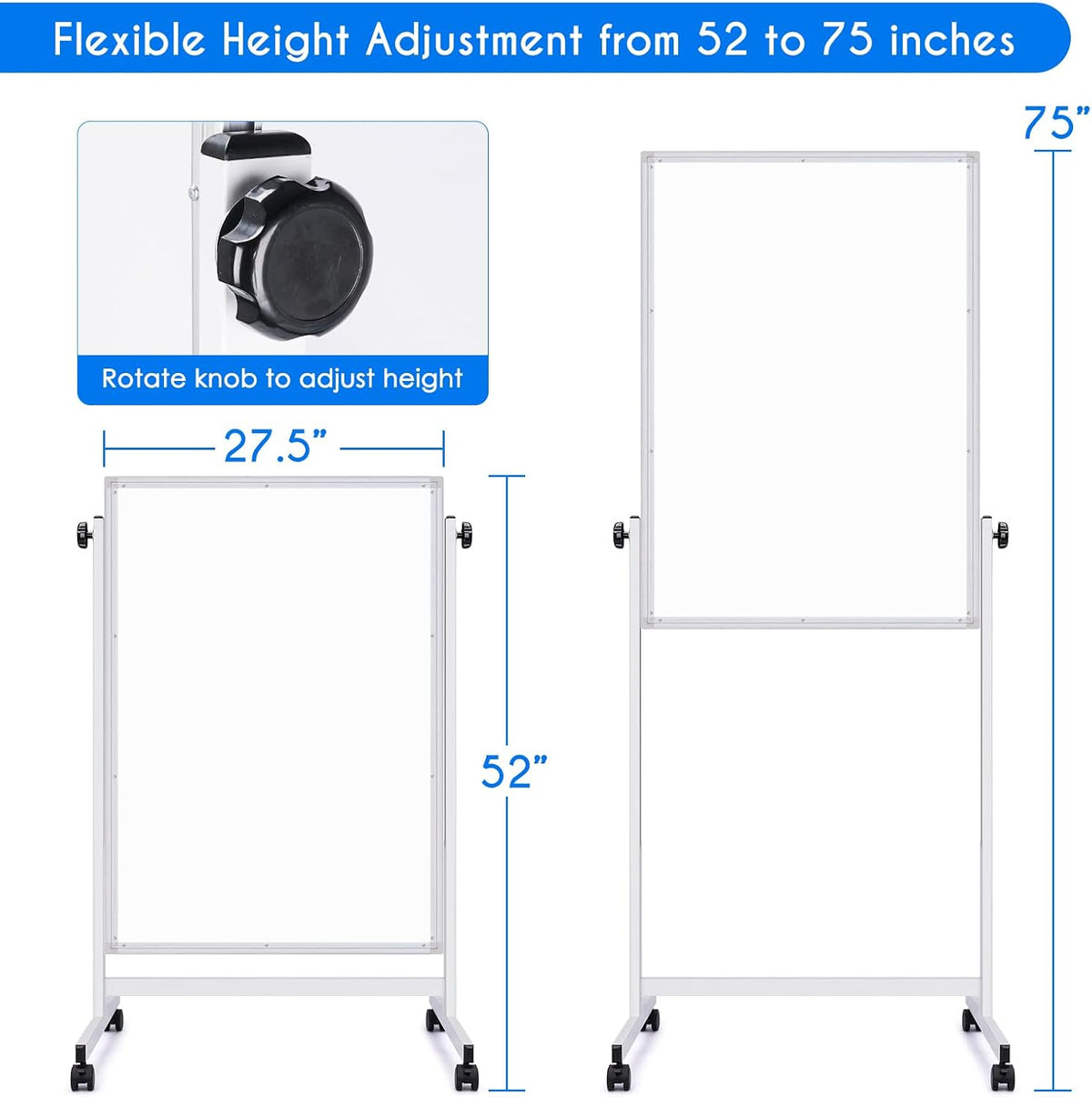 maxtek Rolling White Board, 44 x 28 Height Adjustable Whiteboard on Wheels, Large Magnetic Standing Mobile Easel Board, Double-Sided with Stand for Office, Home, and Classroom