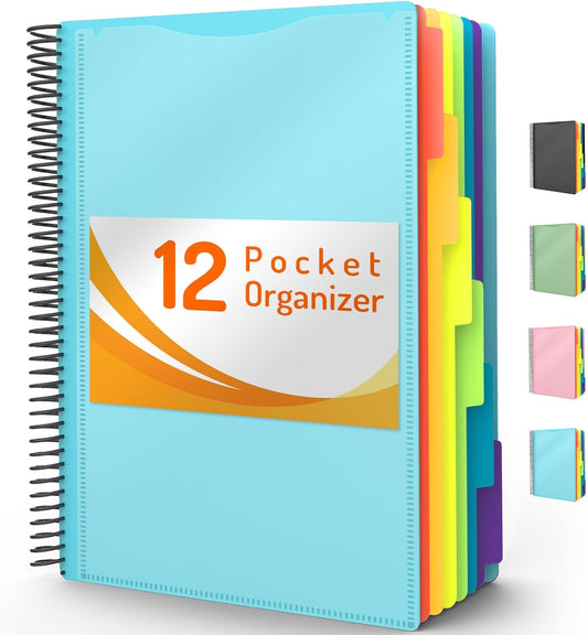 12 Pocket Project Organizer, Forvencer 1/6-cut Tab Binder Organizer with Sticky Labels, Multi Pocket Folder with Zipper Pouch, Folder Binder Spiral Pocket Notebook, Office Supplies, Letter Size, Blue