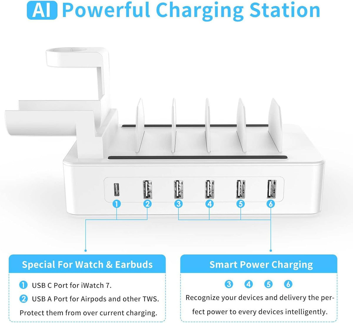 Multiple Charging Station Charger Station - Presents for Him Her Charging Station for Multiple Devices, 6 Ports USB Charging Dock for Phone|Earhead|Watch Stand, Fast Docking Station