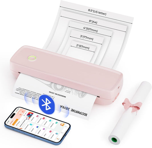 MUNBYN Portable Wireless Printer ITP04, Thermal Bluetooth Printer, Support 8.5x11&A4 Thermal Paper, Inkless, Compatible with Android & iOS Phone & Laptop, Small (Pink)