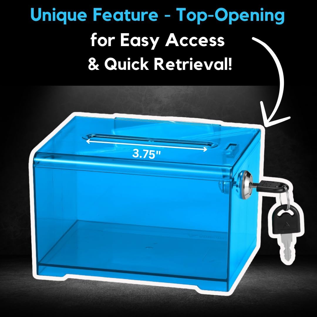 AdirOffice Crystal Blue Acrylic Donation Box with Lock - Multipurpose Suggestion Box for Office, Fundraisers, or School Voting - 6.25x4.5x4 Inches