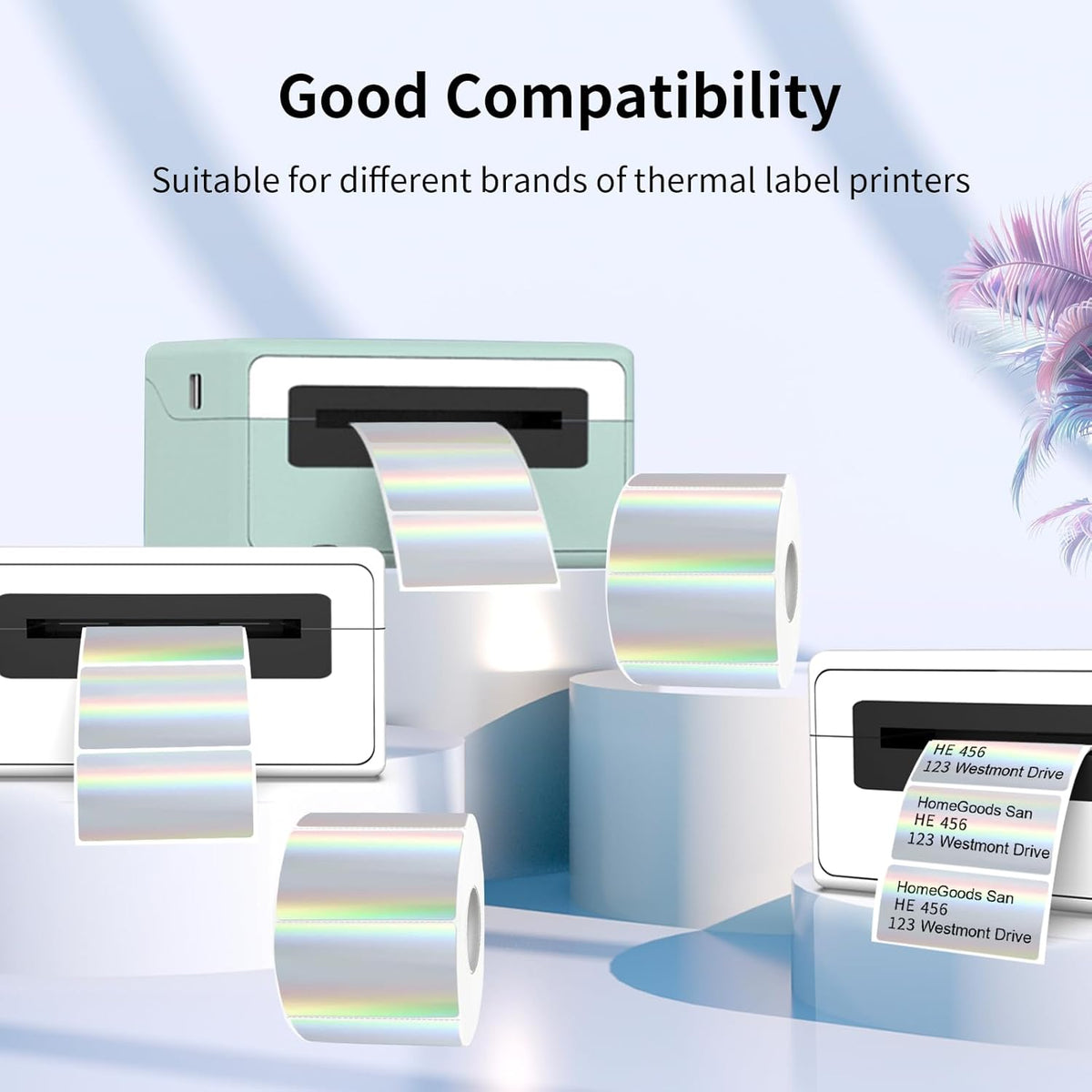 Direct Thermal Label 2x1 Inch- Barcode Labels- Holographic Thermal Sticker Labels for Address, Shipping, Compatible with Rollo Label Printer & MUNBYN& Zebra (300 Labels/Silver)