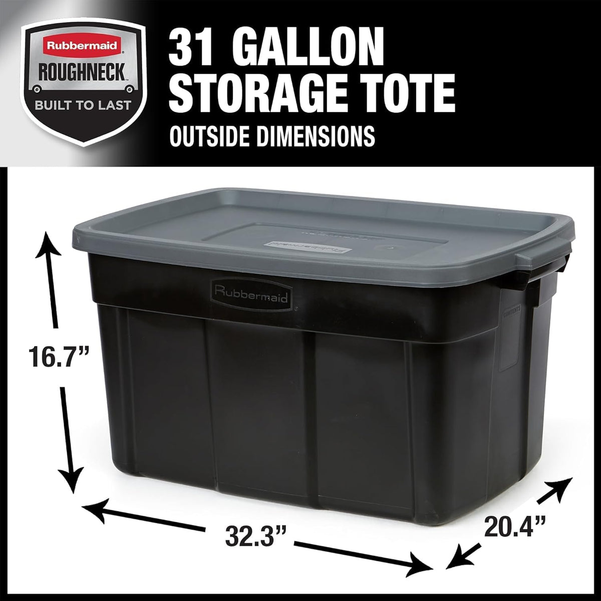 Rubbermaid Garage Storage Bins Black Plastic Stackable Storage with 3-Pack 31 GAL Capacity, Totes for Storage Home Organization Durable - Heavy Duty (31 GAL - 3 Pack Solid Black and Grey)