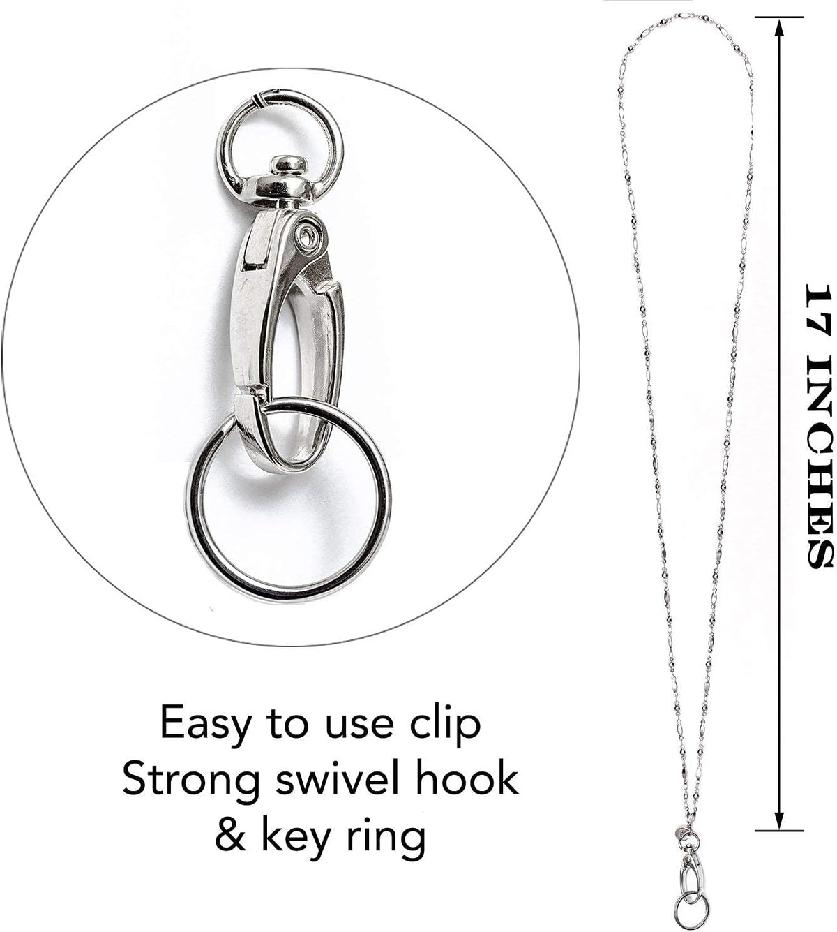 Hidden Hollow Beads Stainless Steel Chain Women's Lanyard, Strong Breakaway Clasp, Made in USA Teacher ID Badge Card Holder Keys Keyring