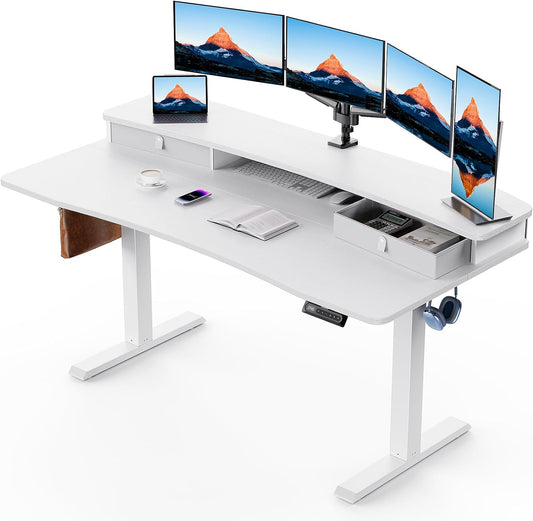 HUANUO 60″ x 30″ Electric Standing Desk with 2 Drawers, C-Clamp Mount Compatible, Height Adjustable Computer Desk, Home Office Stand Up Desk with 4 Preset Heights & 2 Hooks, White
