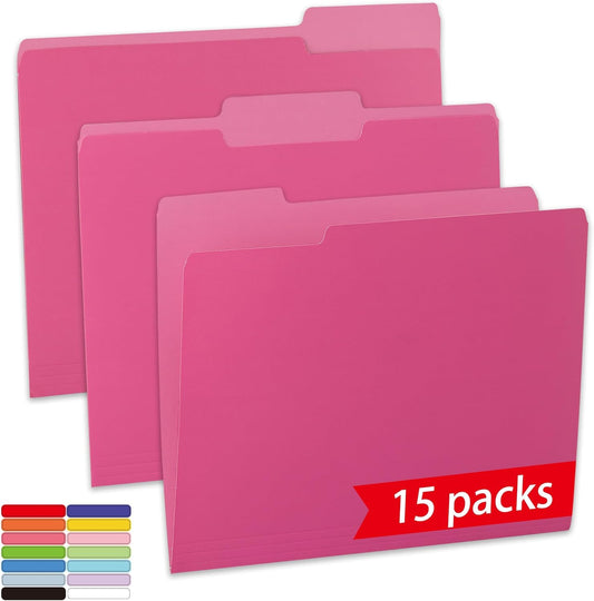 15 Packs Pink File Folder,1/3-Cut Tabs,File Folders Letter Size,8.5x11 Inch File Folders for Office,School and Home,Organizer Folder