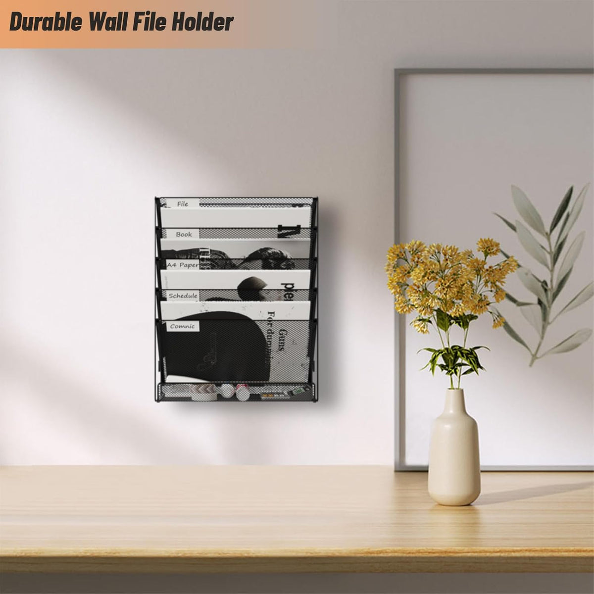 6 Tier File Wall Mounted Magazine Rack with Tray Mesh A4 Paper Organiser Mail Holder Storage No-Side, Black