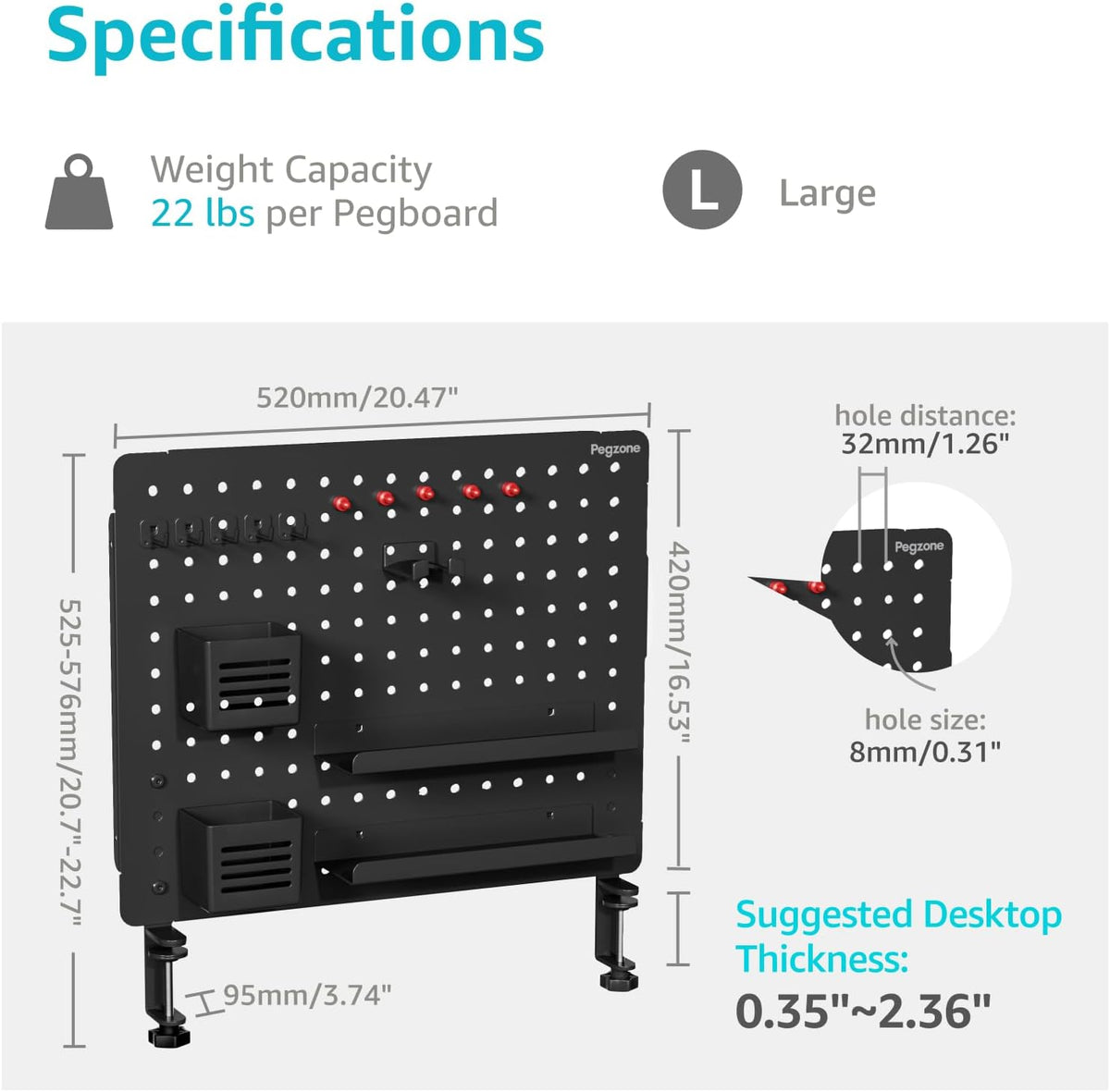 Clamp-on Desk Pegboard, Desk Organizer for Office Gaming Home, Magnetic Metal Peg Board with 15 Accessories, Privacy Panel for Office, 20.4" x 16.5", Large, Black