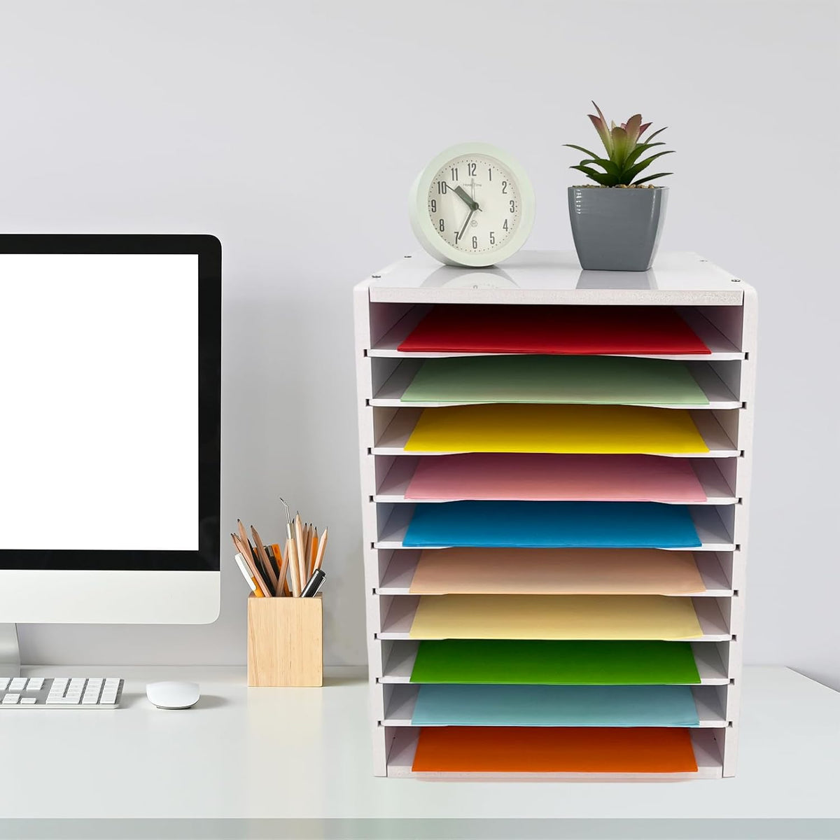 10-Tier File Sorter Organizer for Desk, Desktop Organizer with Adjustable Lettry Tray, Paper Sorter for Office School Home (White)