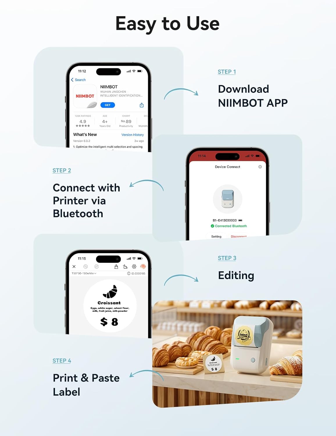 NIIMBOT Label Maker Machine with Tape, B1 Bluetooth Label Printer, 2 Inch Large Waterproof Label, Inkless Thermal Label Maker for Kids School Items, Classroom Teacher, Light Blue