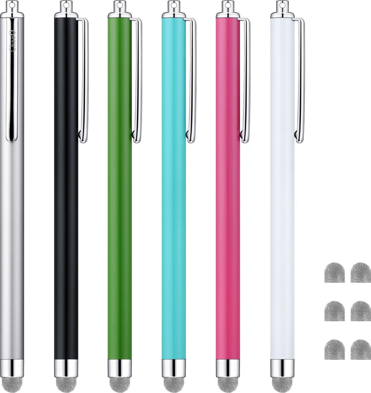 ChaoQ Stylus Pens for Touch Screens, Mesh Fiber Capacitive Stylus (6-Pack), with 6 Replaceable Mesh Tips (Black, White, Pink, Green, Sky Blue, Silver)