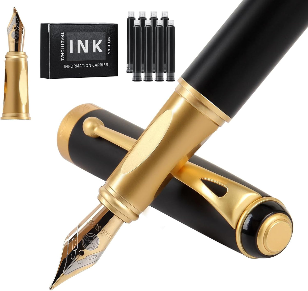 Fountain Pen-Smooth Writing Metal Water Pen with Gift Case Fine Nib Consistent Ink Flow Luxury Pen for Nice Pens Includes a Calligraphy Nib 8 Ink Cartridges and a Converter (Gold)