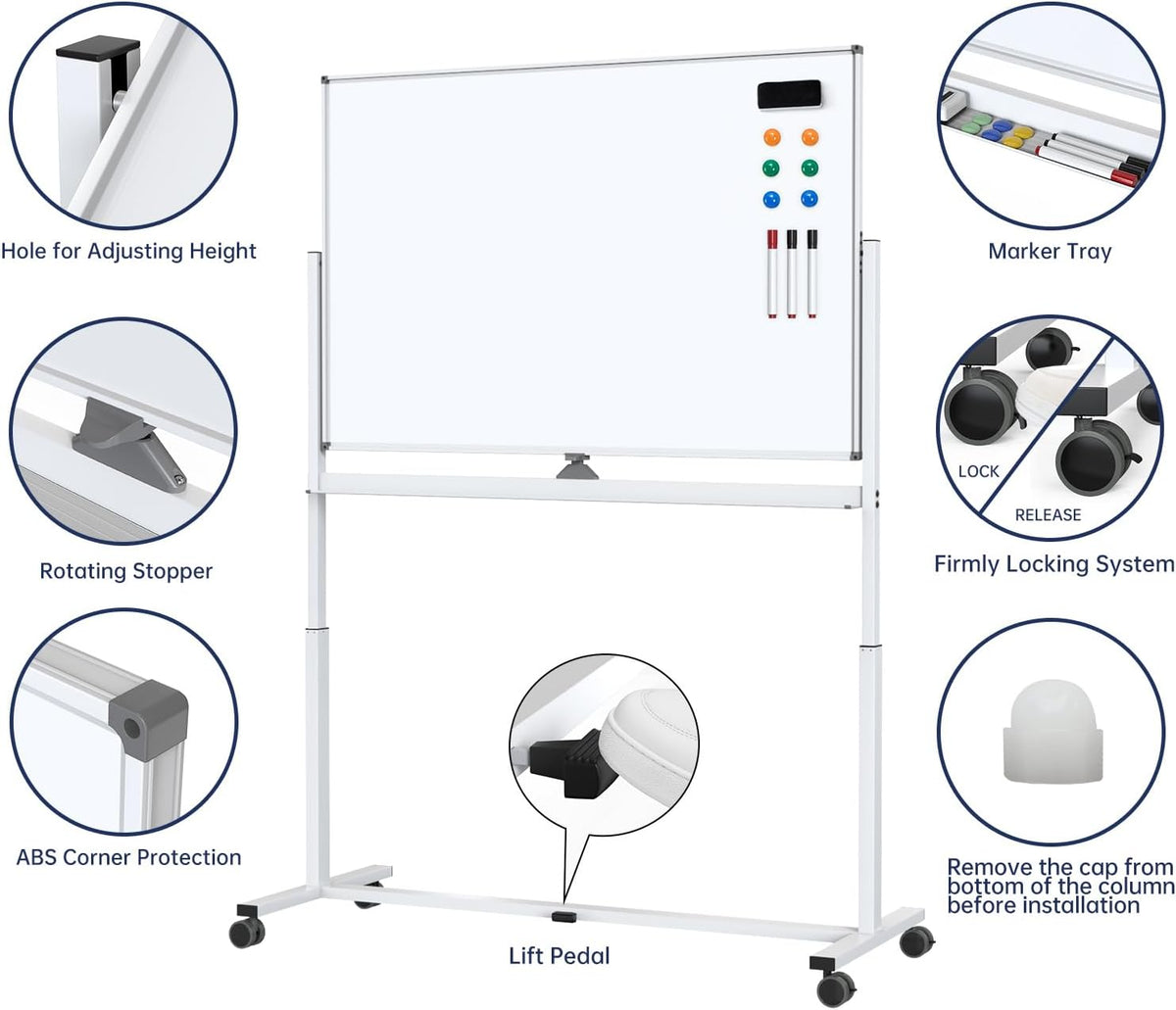 Large Dry-Erase Rolling Magnetic Whiteboard - TSJ OFFICE 48 x 32 Inches Dry Erase Board with Stand Height Adjust Double Sides Mobile White Board Easel on Wheels Office, Home & Classroom