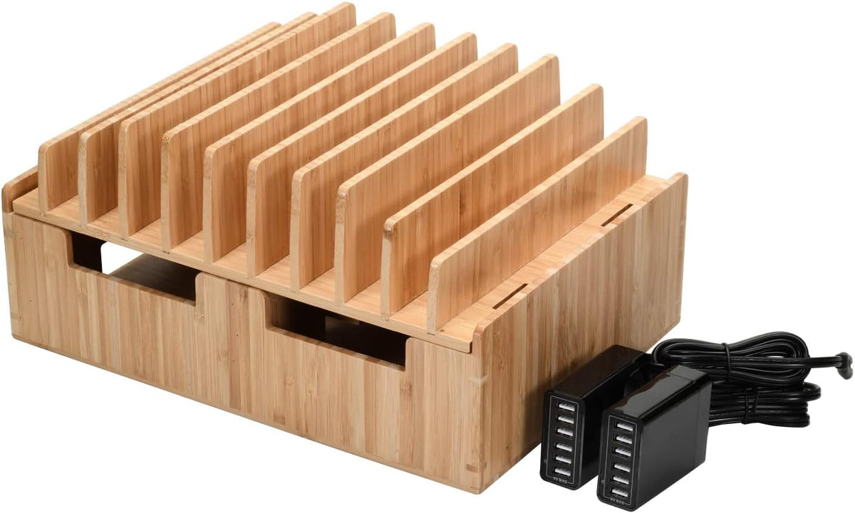 MobileVision 10-Port Bamboo Charging Station Includes 2 Powermod 6 USB Port Chargers for Smartphones & Tablets