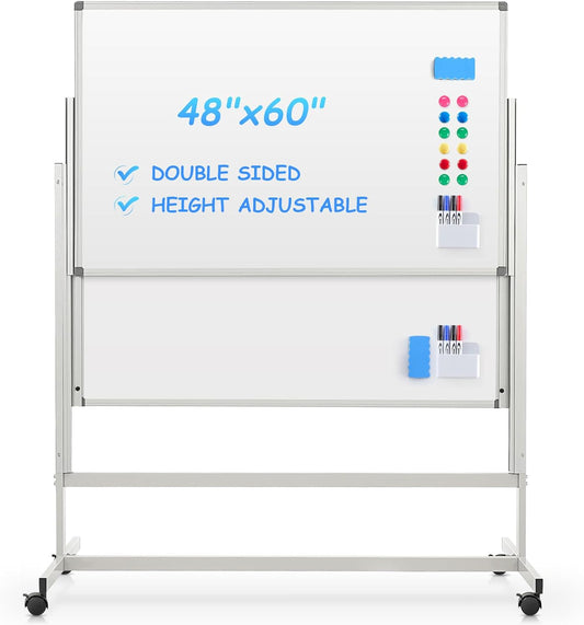 MAKELLO Rolling Whiteboard on Wheels 60x48 in, Large Dry Erase Board with Stand, Double Sided Magnetic White Board for Office School Home, Height Adjustable, Aluminum Frame, 5'x4'