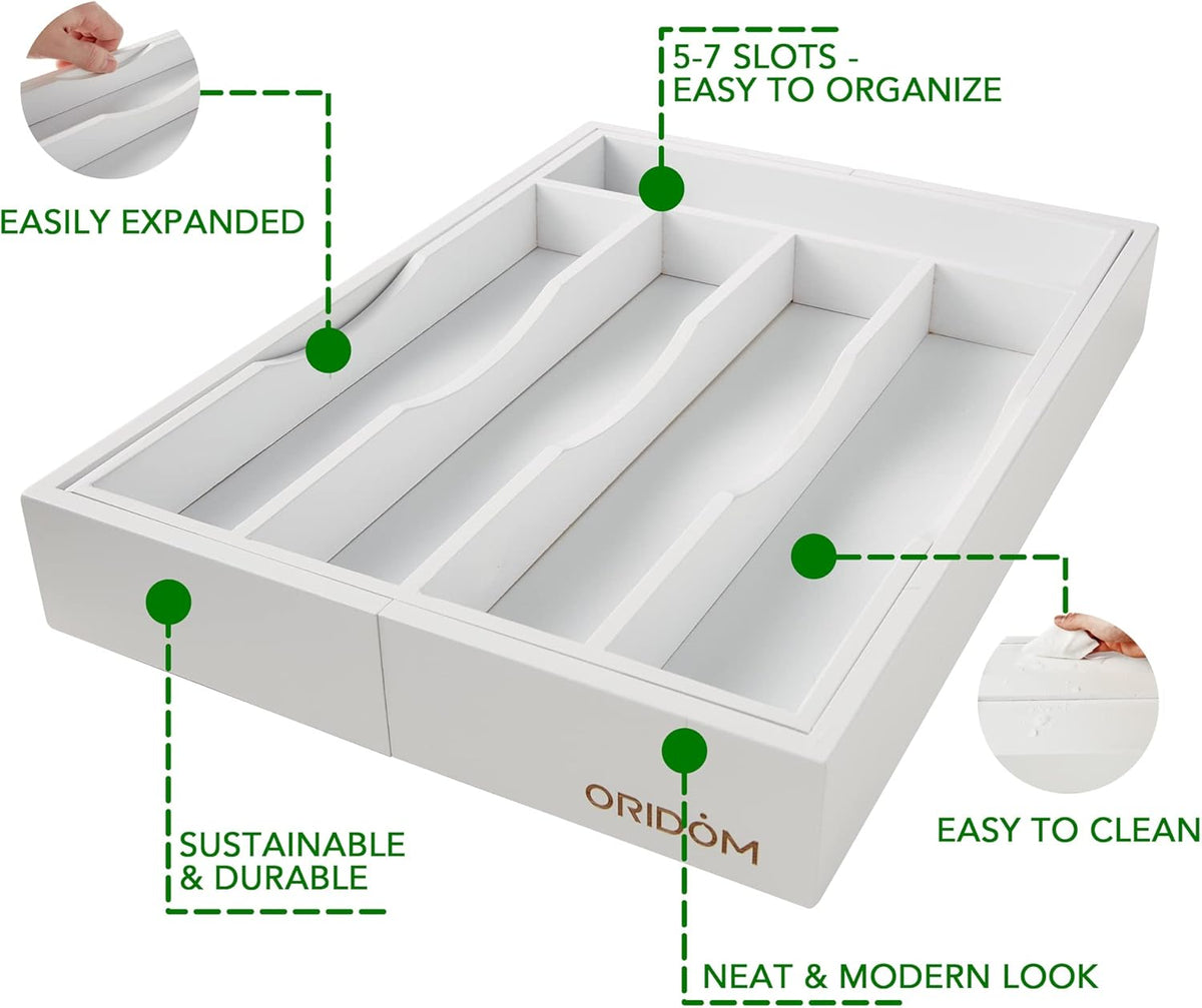 Expandable Bamboo Kitchen Drawer Organizer for Cutlery and Utensils, Adjustable Bamboo Wood Cutlery Tray in Drawer for Flatware and Silverware in Kitchen, (White)
