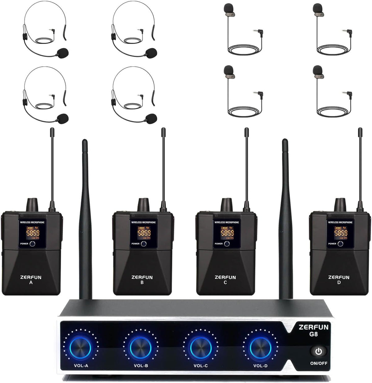 Pro Wireless Microphone System 4 Channel, UHF Cordless Handheld Headset Lavalier Lapel Mics for Church Karaoke Singing, 4x50 Adjustable Frequency(G8 Battery 4 Bodypack)