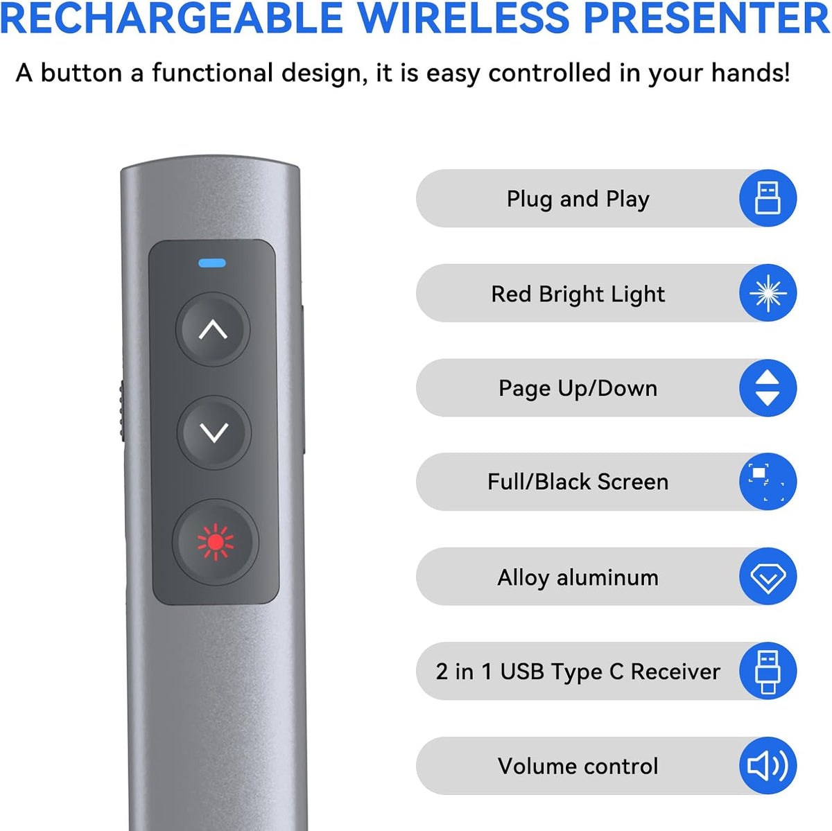 Metallic Presentation Clicker Presenter Remote - Rechargeable Wireless Presenter with Red Laser Pointer, 2-in-1 USB C Clicker for PowerPoint & Google Slides, Compatible with MacBook/Computer/Laptop