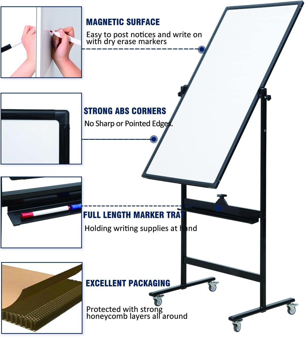48" x 24" Magnetic Mobile Whiteboard - 360° Reversible Double-Sided Dry Erase Board with Wheels, Portable Standing Whiteboard Easel for Office & Classroom - Includes 6 Markers + 1 Eraser