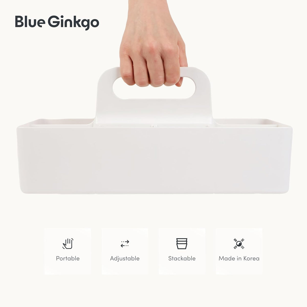 BLUE GINKGO Stackable Organizer Caddy – Korean-Made Portable Tote for Bathroom, Office, Crafts, or School Supplies (Long Rectangle, White)