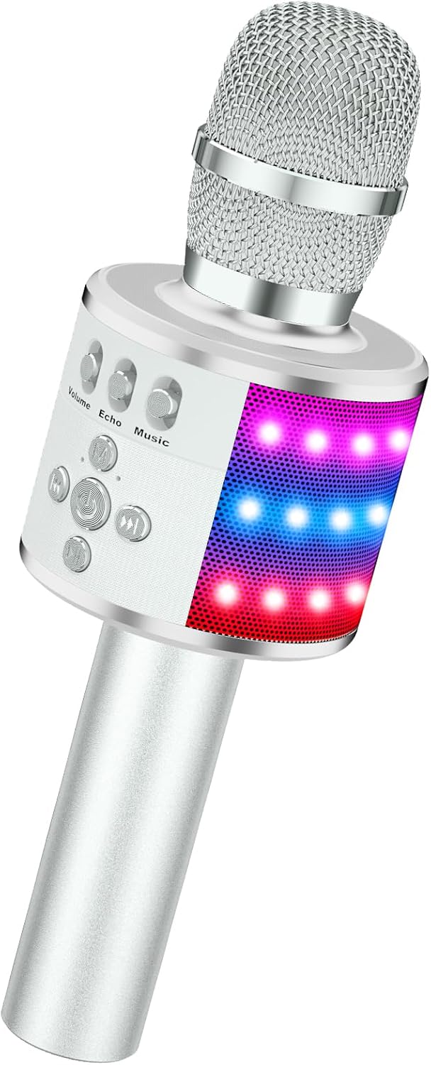 BONAOK Karaoke Microphone for Kids & Adults - Bluetooth Microphones Singing Mic with Disco Lights, Echo Effect, Built-in Speaker Portable Karaoke Player for Party Travel Gifts Q78(Silver)