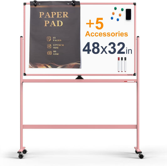 Large Dry-Erase Rolling Magnetic Whiteboard - 48 x 32 Inches Dry Erase Board with Stand Height Adjust Double Sides Mobile White Board Easel on Wheels with 25 Sheets Paper Pad Office, Home & Classroom