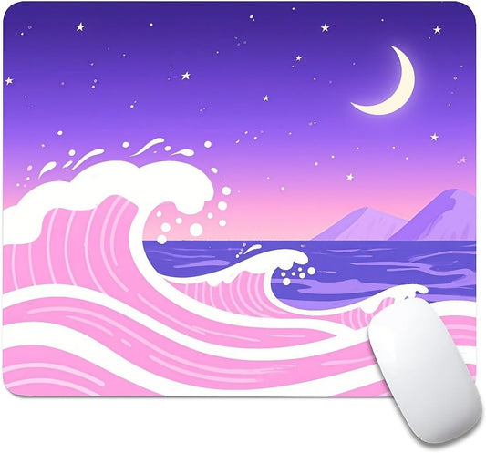 Square Mouse Pad Pink and Purple Waves, Personalized Premium-Textured Custom Mouse Mat Design, Washable Mousepad Cloth, Non-Slip Rubber Base Computer Mouse Pads Moon for Wireless Mouse