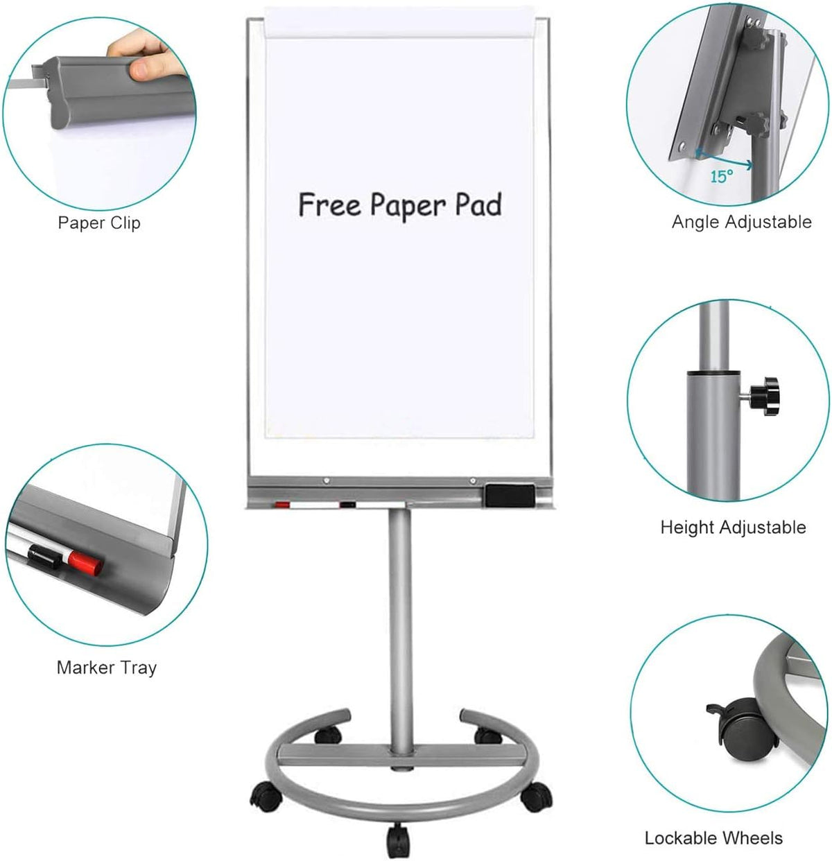 BIBOC Mobile Dry Erase Board – 40x26 inches Magnetic Portable Whiteboard Stand Adjustable Easel White Board Flipchart Easel Board with 25 Sheets Paper Pad 1 Eraser, 2Markers