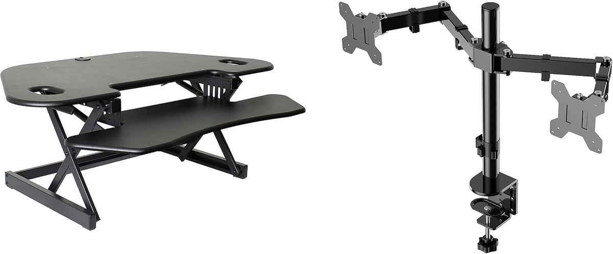 Rocelco 46" Height Adjustable Corner Standing Desk Converter with Dual Monitor Arm Bundle - Quick Sit Stand Up Computer Workstation Riser - Extra Large Keyboard Tray - Black (R CADRB-46-DM2)