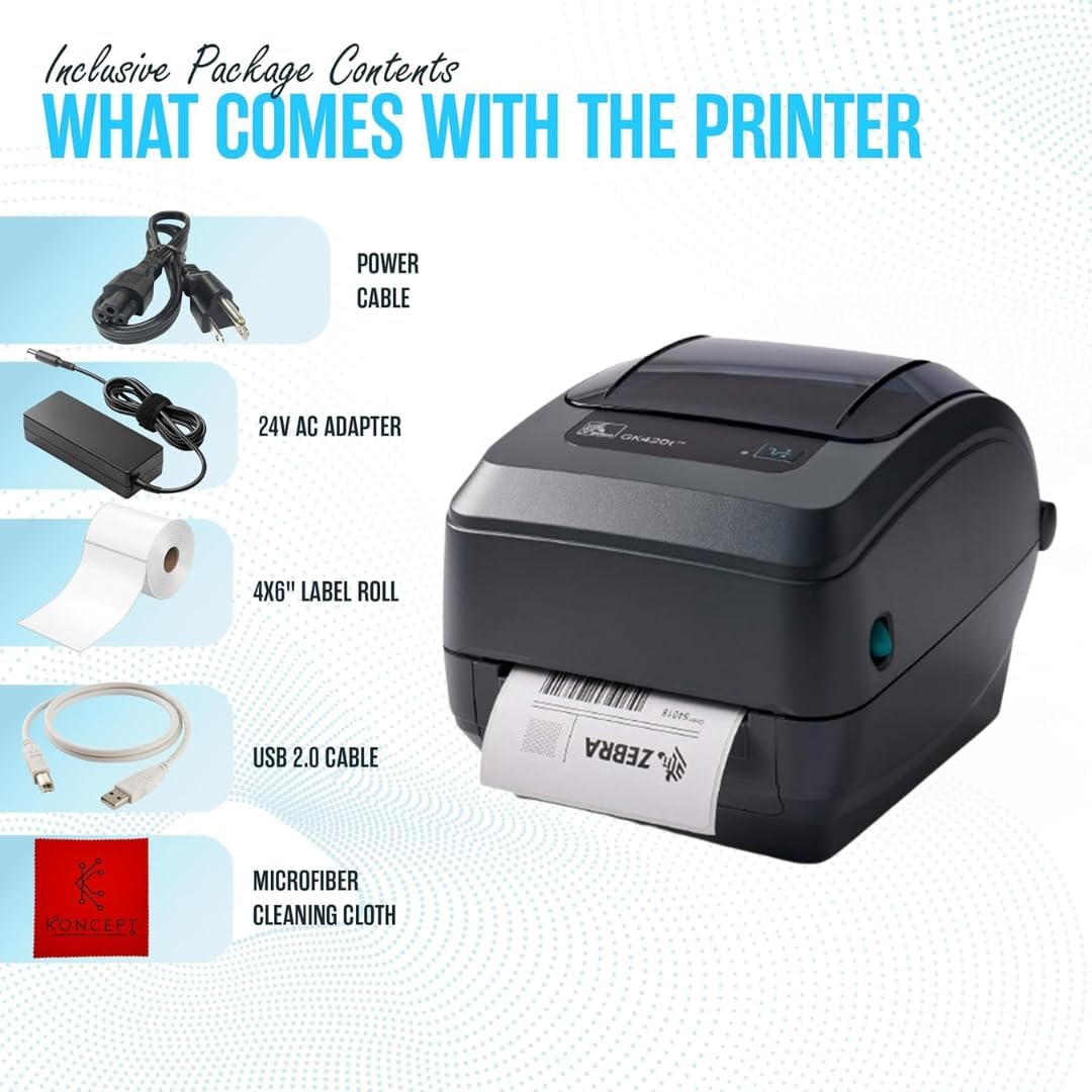 GK420T Zebra Thermal Transfer Monochrome Desktop Printer for Labels, Receipts, Barcodes, Tags, and Wrist Bands - with USB, Ethernet Port Connectivity & Microfiber Cleaning Cloth