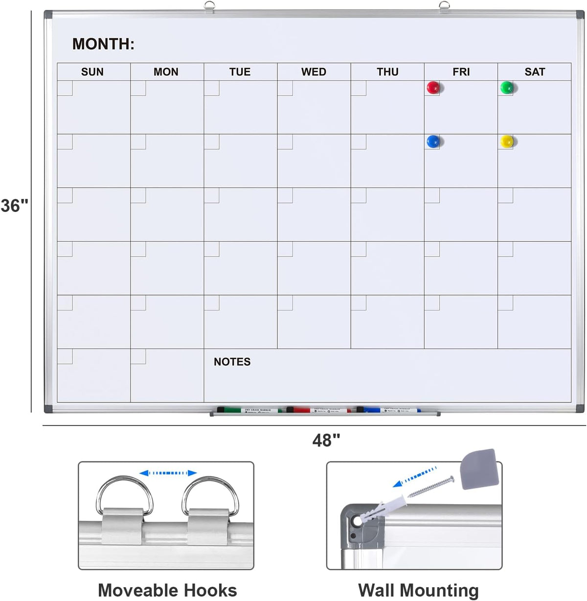 Comix Magnetic Dry Erase Calendar Whiteboard, 48 x 36 Inches Monthly Calendar Dry Erase Board for Wall, Aluminum Frame Planner White Board