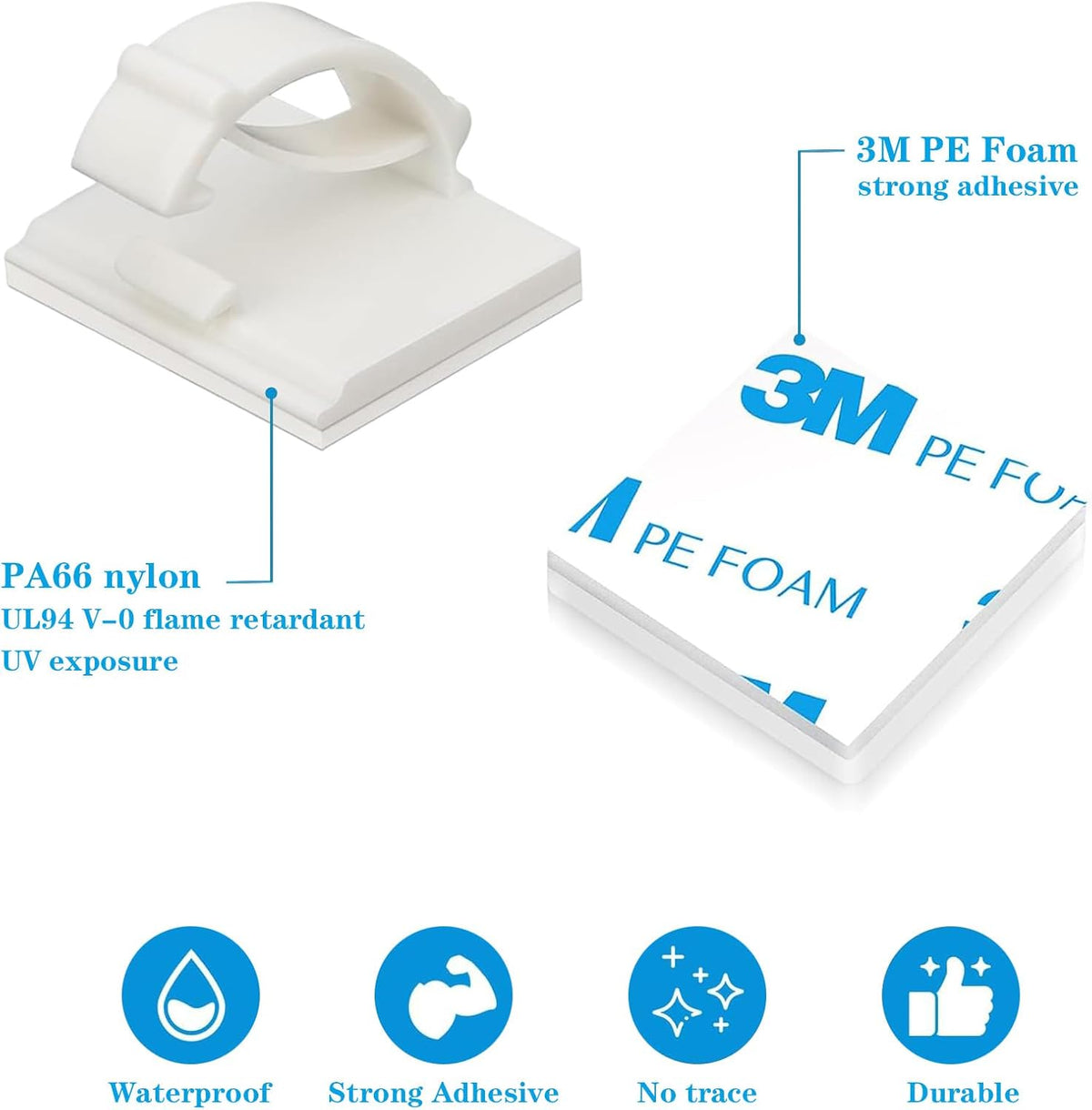 Adhesive Cable Holder Management Wire Clips 50 Pcs White，Suitable for Cables with a Diameter of ≤ 6mm in Cars, Houses, and Offices