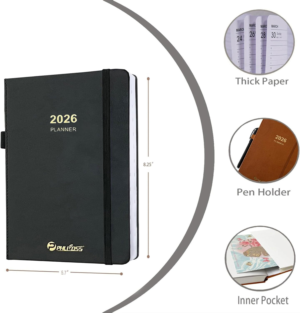 2026 Daily Planner/Calendar, One Page Per Day, Daily Monthly Agenda Planner with Time Slots and Monthly Tabs, Jan - Dec 2026, 5.7" x 8.25" Appointment Book, Pen Holder, Leather Cover (2026-Black)