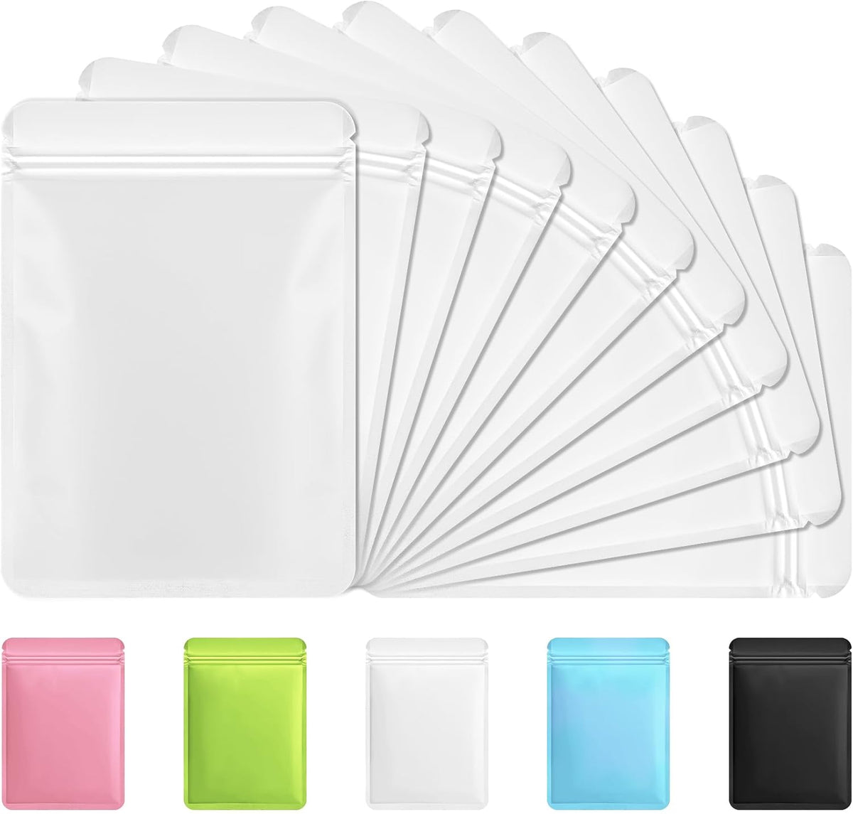 Funfery 100 Pack White Mylar Packaging Bags Resealable Bags Double Sided Color Odor Proof Pouch Baggies Smell Proof Foil Bag for Food Storage,Small Business(White,2.4x3.9inch)