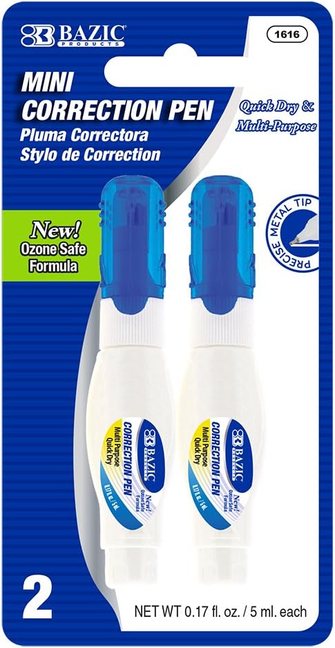 BAZIC Correction Pen (0.17oz/5 ml), Precise Metal Tip Applicator, Mini Fine Point Corrections Fluid, Squeeze White Out Wipe Out Liquid (2/Pack), 24-Packs