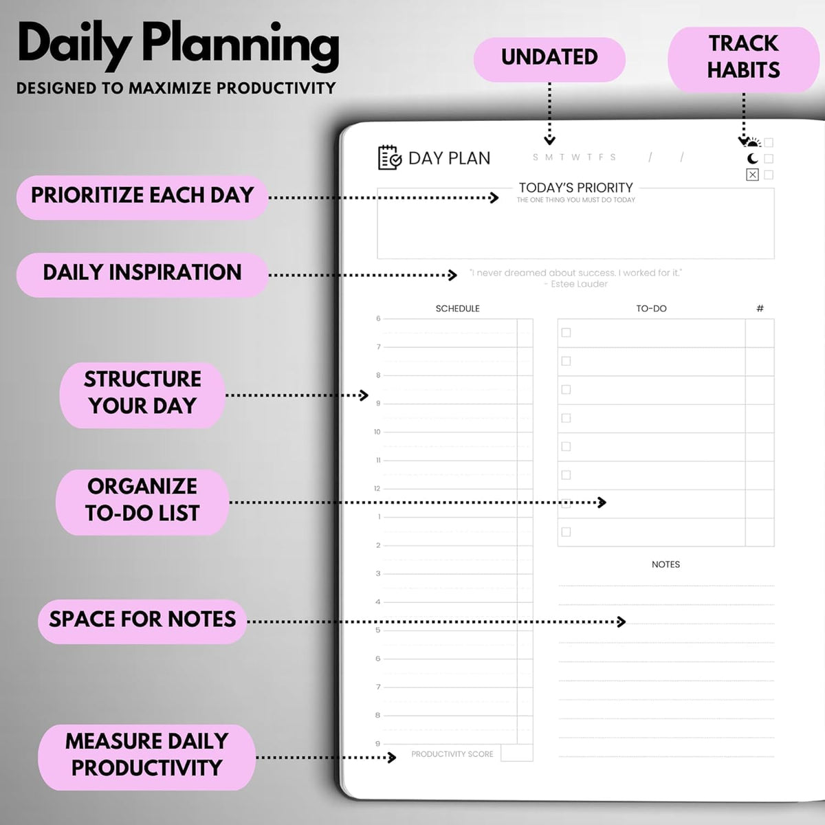 Undated Daily Planner – 3-Month A5 Productivity Organizer with Full Page Per Day, Hourly Schedule, Goal Setting, Habit Tracker, Weekly & Monthly Pages – Hardcover Time Management Notebook (Lilac)