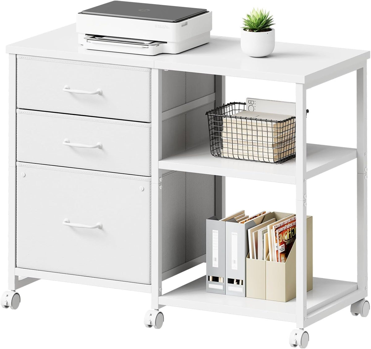 3 Drawer File Cabinet with Wheels Rolling Printer Stand with Open Storage Shelf Fabric Lateral Filing Cabinet for Home Office,White