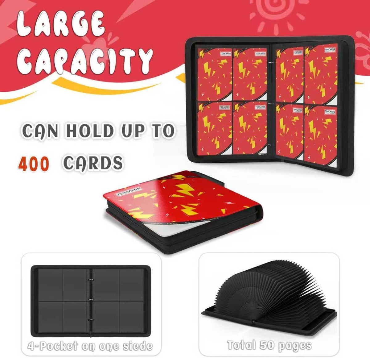 Trading Card Binder 4 Pocket，Card Binder 400 Pockets Card Book Holder Cards with 50 Removable Sleeves，3-Ring Zip Design MTG/TCG/Sport Collectible Trading Card Albums Gifts for Boys and Girls (Red)