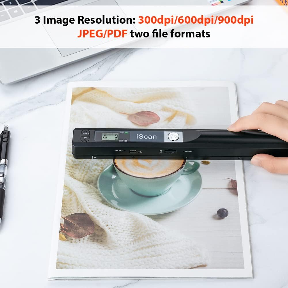 Portable Scanner, Photo Scanner for A4 Documents, Handheld Scanner for Business, Photo, Picture, Receipts, Books, JPG/PDF Format Selection, UP to 900 DPI, with 16G SD Car