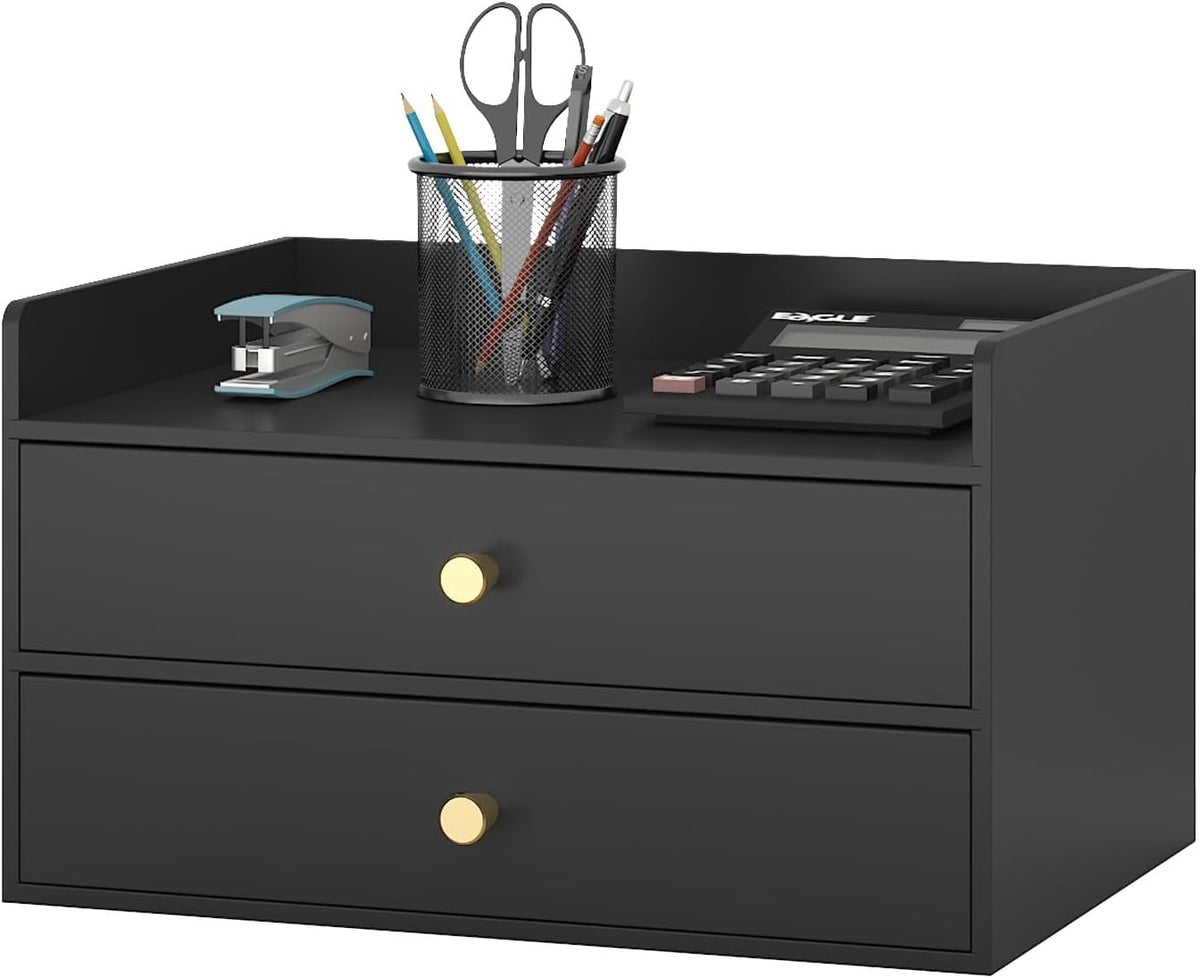 Bamboo Desk Organizer with Drawers Wooden Desktop Storage Organization Box for Bills Office Supplies Kitchen Utensils Organizing Tool for Home Classroom Vanity, No Assembly Required (2 Drawers, Black)