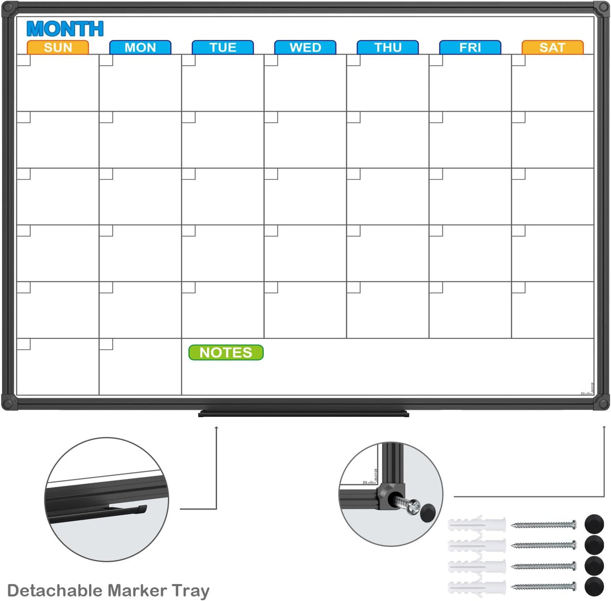 JILoffice Dry Erase Calendar Whiteboard - Magnetic White Board Calendar Monthly 24 X 18 Inch, Black Aluminium Frame Wall Mounted Board for Office Home and School