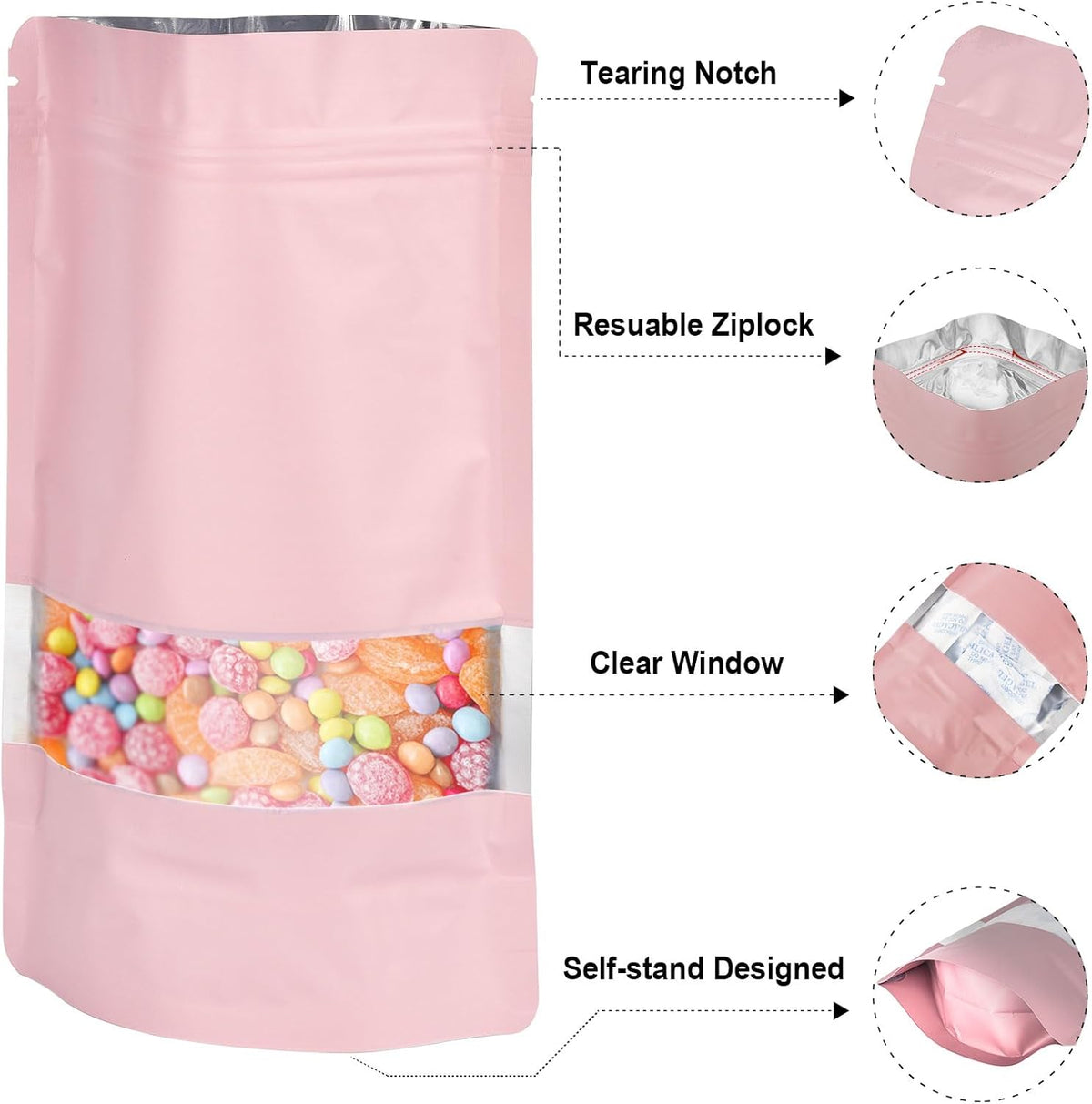 5.9"x8.6" 120pcs Mylar Bags for Food Storage,Smell Proof Bag with Matte Window Resealable Food Storage Bags for Small Business, Stand-up Foil Pouch Packaging Freeze Dried Candy Bag(Pink)