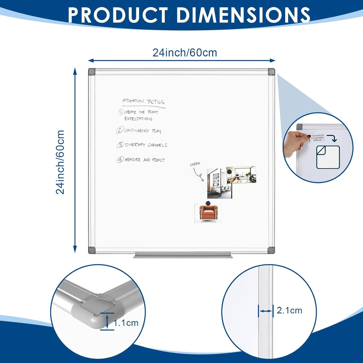 24"x24" Magnetic Whiteboard Wall Mount Dry Erase Board for Home Office, Dorm Room, Cubicle | Square White Board | Space-Saving White Board